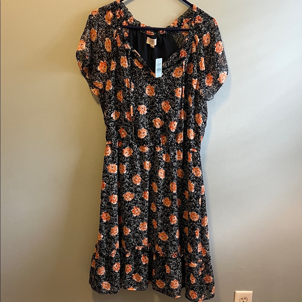 LOFT Navy Dress with Orange Floral Pattern